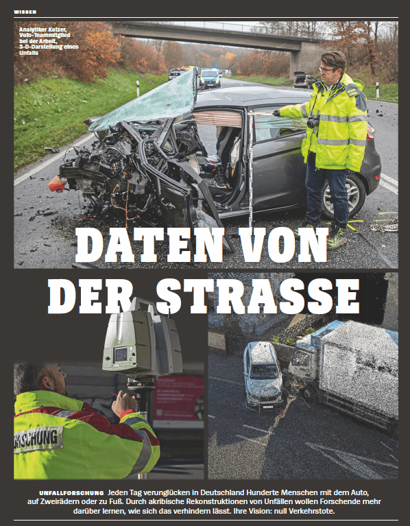 Titelseite der Spiegel-Zeitschrift mit dem Titel "Daten von der Straße", das einen schwer beschädigten PKW und einen Unfallforscher zeigt, der den Unfallort untersucht.