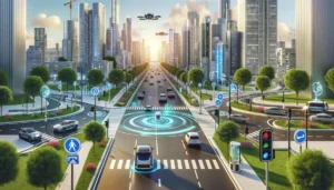 Futuristic city with autonomous vehicles on the streets, drones in the air and smart transport systems. The city is characterised by tall buildings, green parks and technological displays.